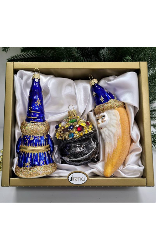 Набор елочных игрушек Волшебник, месяц и горшок с золотом
