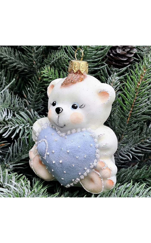 Стеклянная елочная игрушка Мишка с сердцем