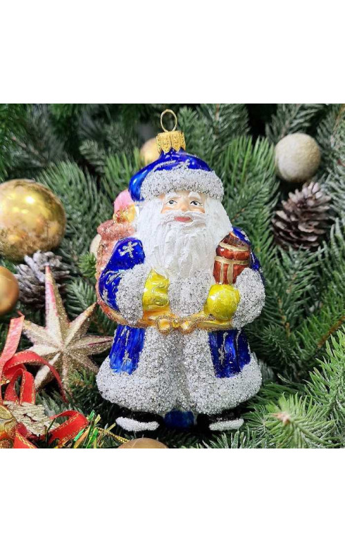 Стеклянная елочная игрушка Дед Мороз с подарками