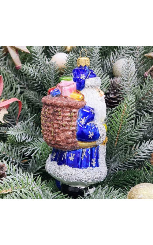 Стеклянная елочная игрушка Дед Мороз с подарками