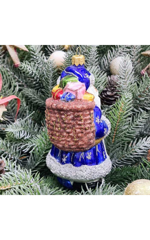 Стеклянная елочная игрушка Дед Мороз с подарками