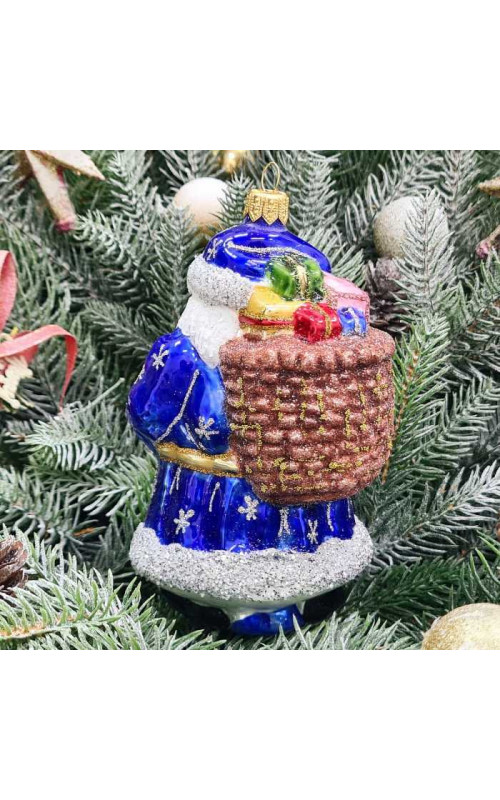 Стеклянная елочная игрушка Дед Мороз с подарками