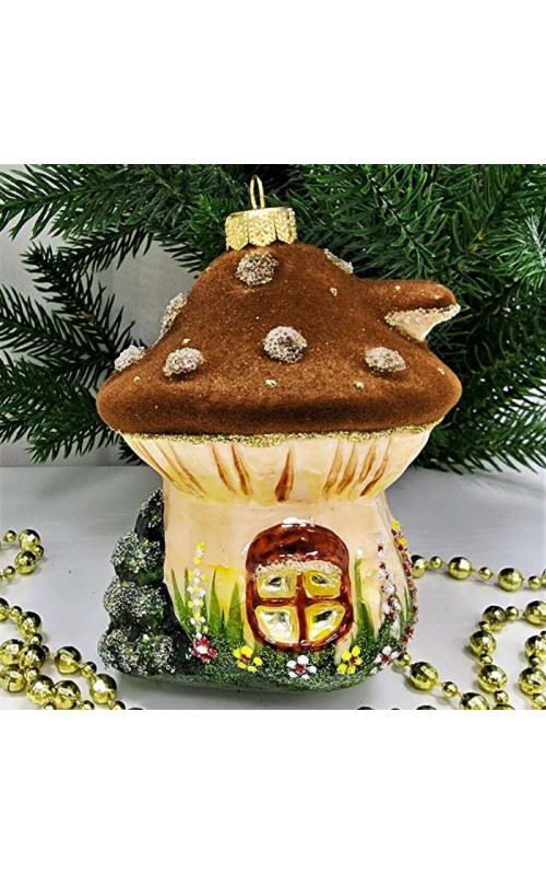 Стеклянная елочная игрушка Грибок домик коричневый