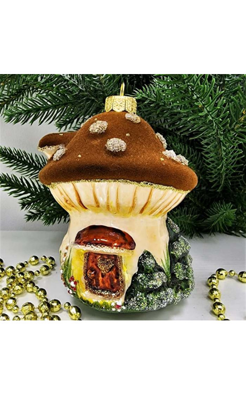 Стеклянная елочная игрушка Грибок домик коричневый
