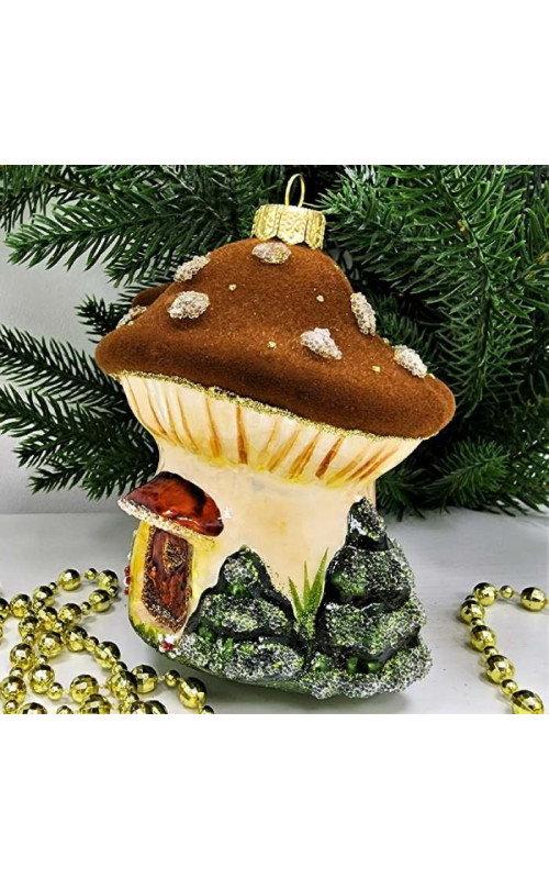 Стеклянная елочная игрушка Грибок домик коричневый