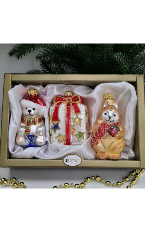Набор елочных игрушек Белочка с орехом, мишка и подарок