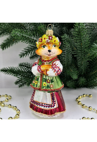 Стеклянная елочная игрушка Лиса в веночке