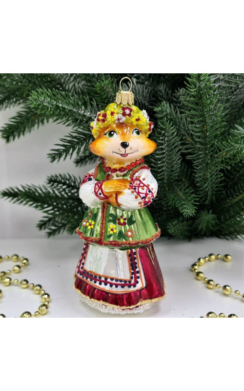 Стеклянная елочная игрушка Лиса в веночке