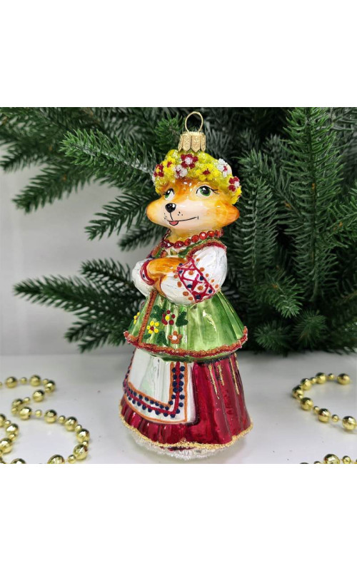 Стеклянная елочная игрушка Лиса в веночке