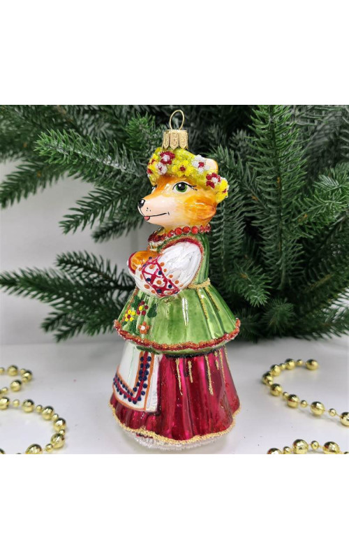 Стеклянная елочная игрушка Лиса в веночке