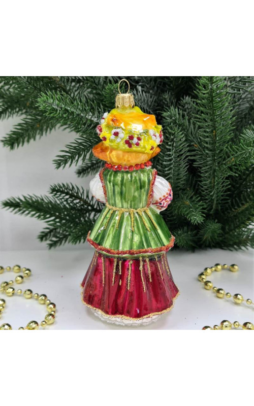 Стеклянная елочная игрушка Лиса в веночке