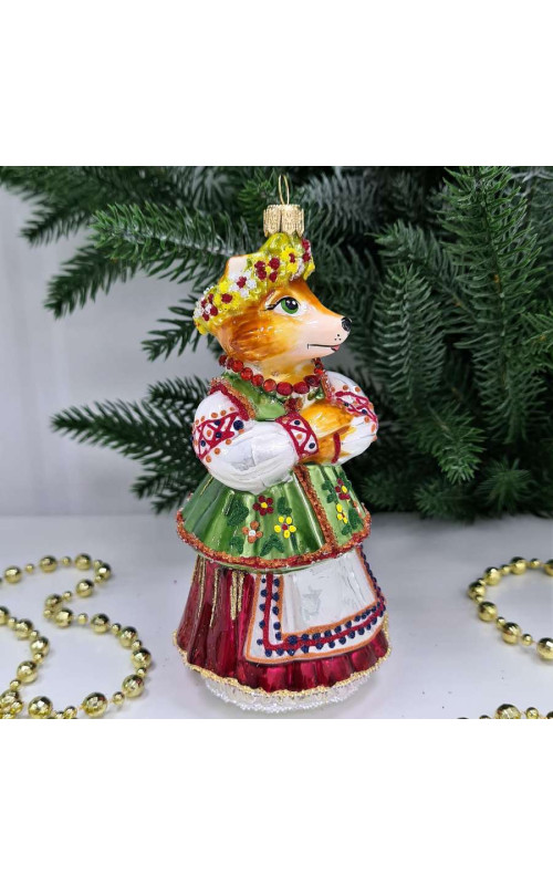 Стеклянная елочная игрушка Лиса в веночке