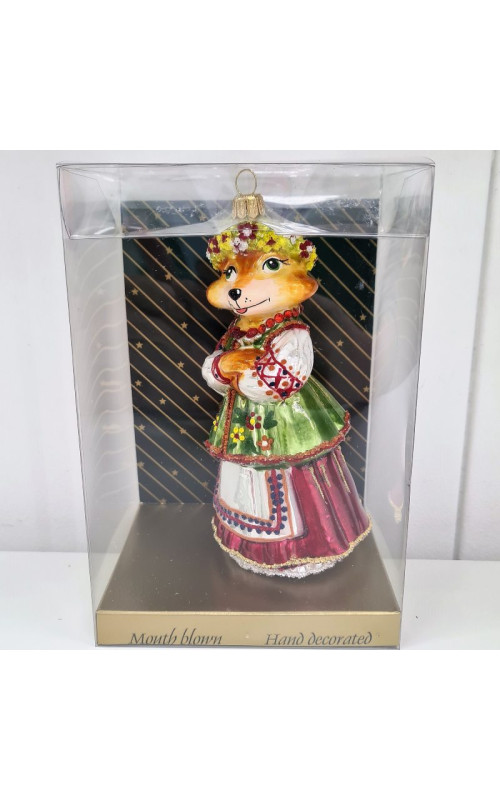 Стеклянная елочная игрушка Лиса в веночке