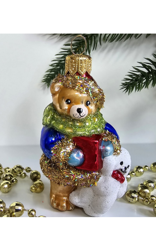 Стеклянная елочная игрушка Мишка c мишкой