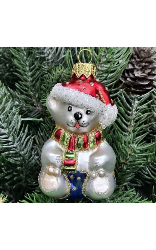 Стеклянная елочная игрушка Мишка