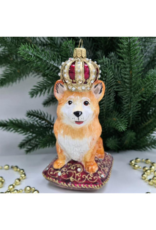 Стеклянная елочная игрушка Корги в короне