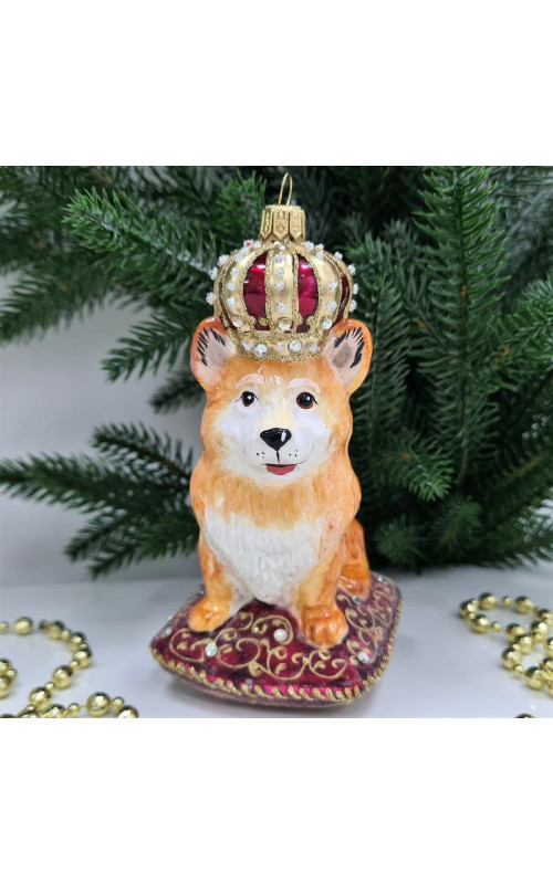 Стеклянная елочная игрушка Корги в короне