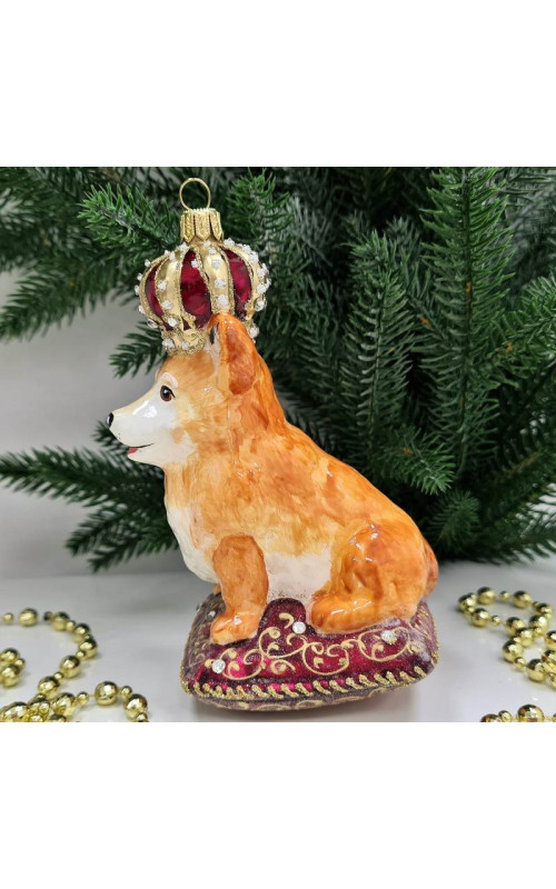 Стеклянная елочная игрушка Корги в короне