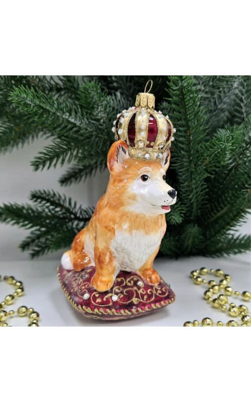 Стеклянная елочная игрушка Корги в короне