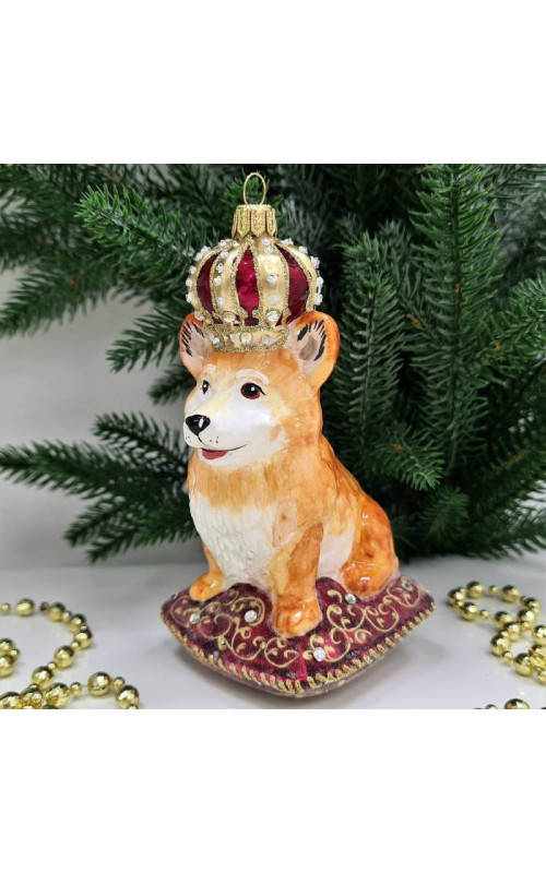 Стеклянная елочная игрушка Корги в короне
