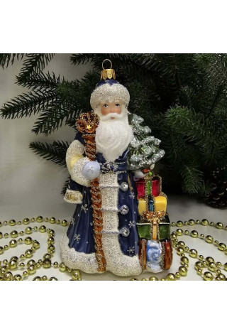 Стеклянная елочная игрушка Дед Мороз с подарками синий