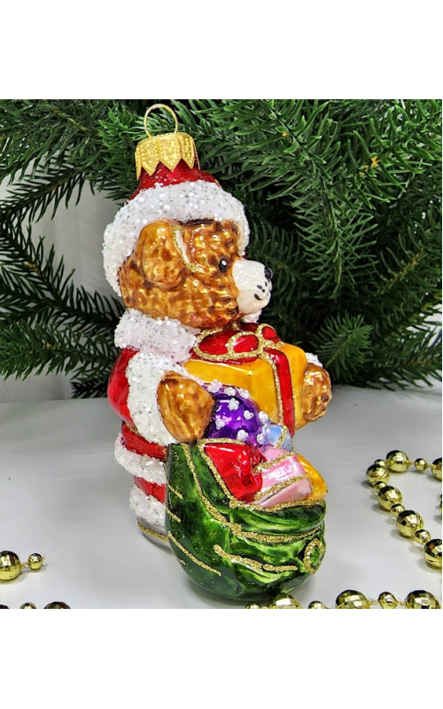 Стеклянная елочная игрушка Мишка с подарками