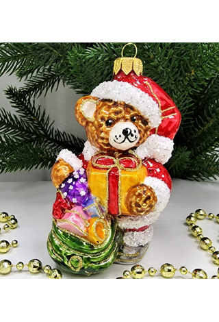Стеклянная елочная игрушка Мишка с подарками