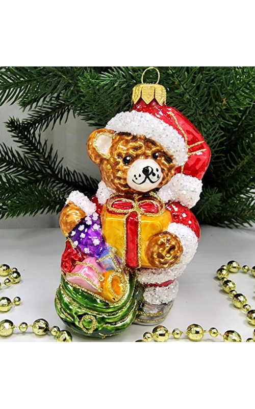 Стеклянная елочная игрушка Мишка с подарками