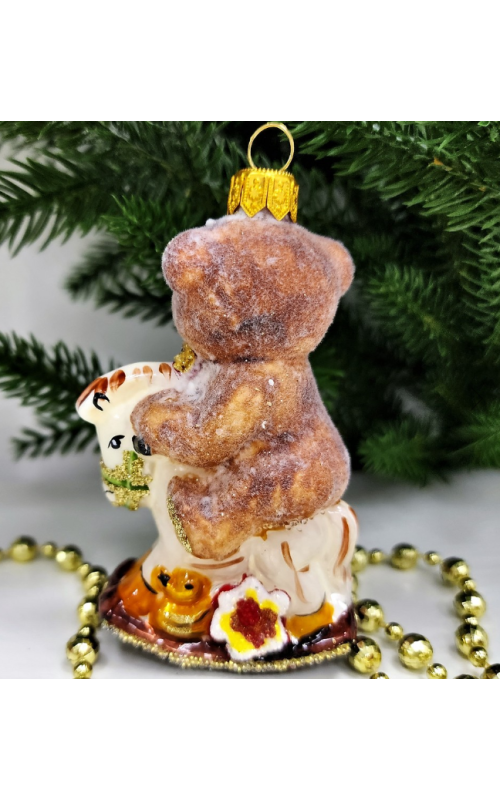 Стеклянная елочная игрушка Мишка на лошадке качалке