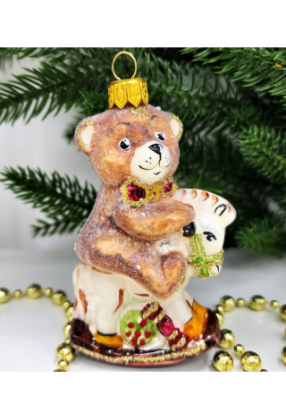 Стеклянная елочная игрушка Мишка на лошадке качалке