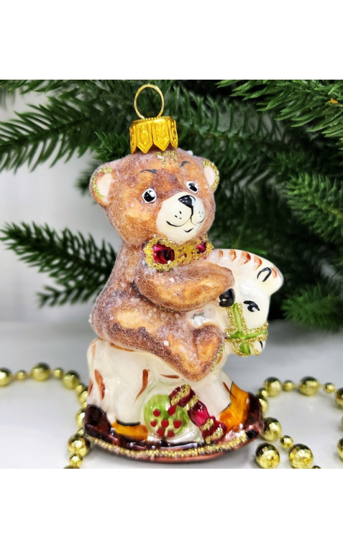 Стеклянная елочная игрушка Мишка на лошадке качалке