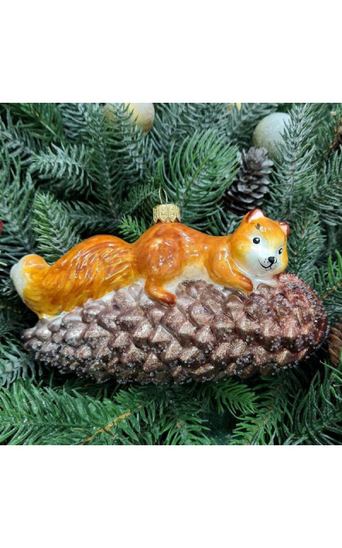 Стеклянная елочная игрушка Белка на шишке рыжая