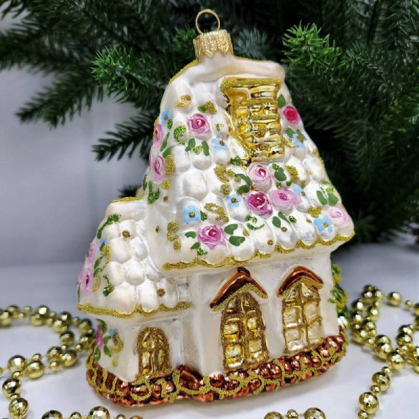 Стеклянная елочная игрушка Домик Мельница Версаль