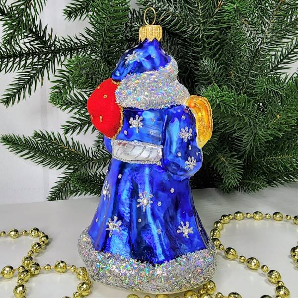 Стеклянная елочная игрушка Дед Мороз в синей шубе
