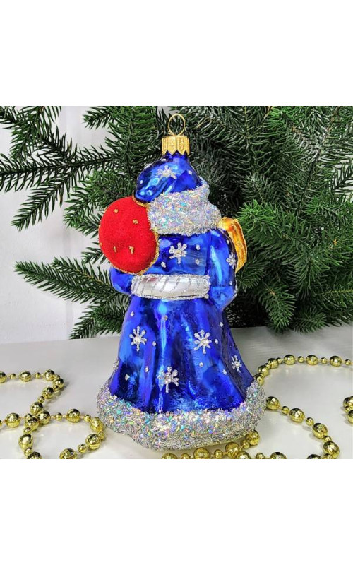 Стеклянная елочная игрушка Дед Мороз в синей шубе