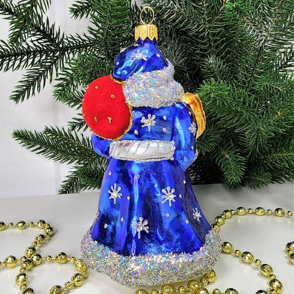 Стеклянная елочная игрушка Дед Мороз в синей шубе