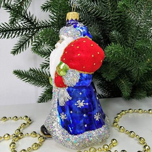 Стеклянная елочная игрушка Дед Мороз в синей шубе