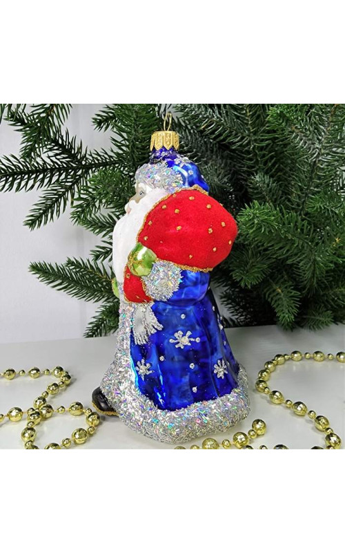 Стеклянная елочная игрушка Дед Мороз в синей шубе