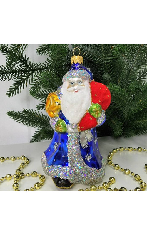 Стеклянная елочная игрушка Дед Мороз в синей шубе