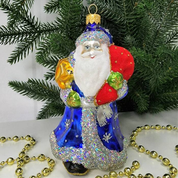 Стеклянная елочная игрушка Дед Мороз в синей шубе