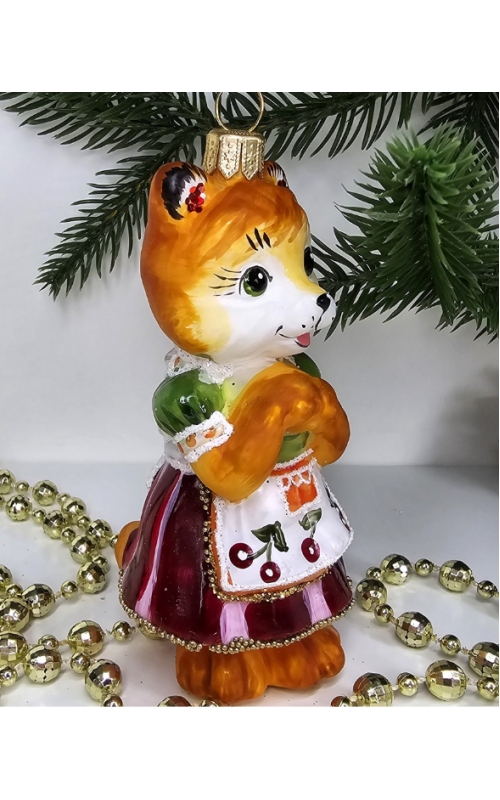 Стеклянная елочная игрушка Кошечка в платье