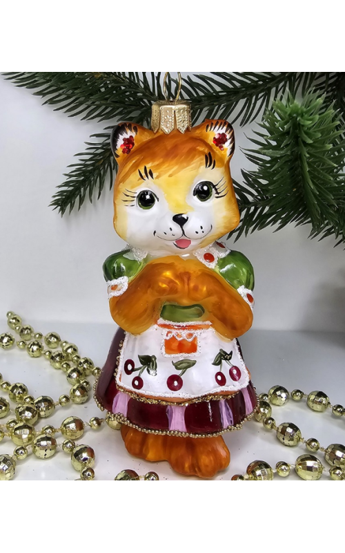 Стеклянная елочная игрушка Кошечка в платье