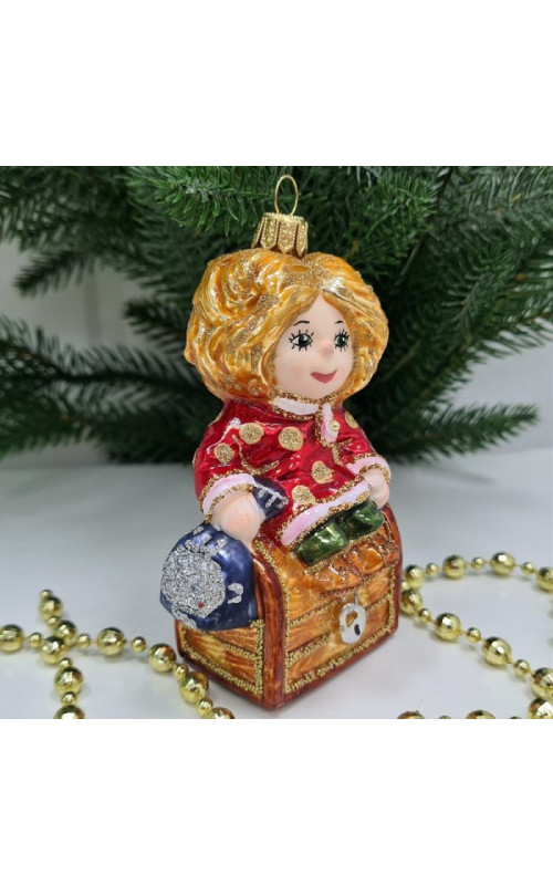 Стеклянная елочная игрушка Домовенок Кузя на сундуке, 1-614
