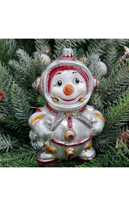 Стеклянная елочная игрушка Снеговик космонавт красный