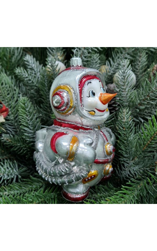 Стеклянная елочная игрушка Снеговик космонавт красный