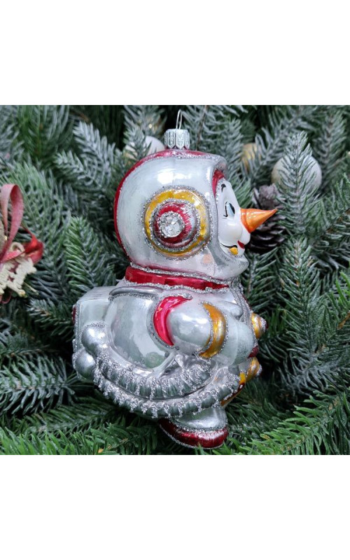 Стеклянная елочная игрушка Снеговик космонавт красный