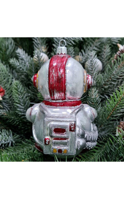 Стеклянная елочная игрушка Снеговик космонавт красный