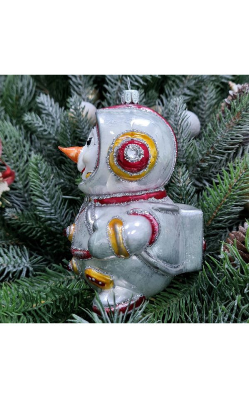 Стеклянная елочная игрушка Снеговик космонавт красный
