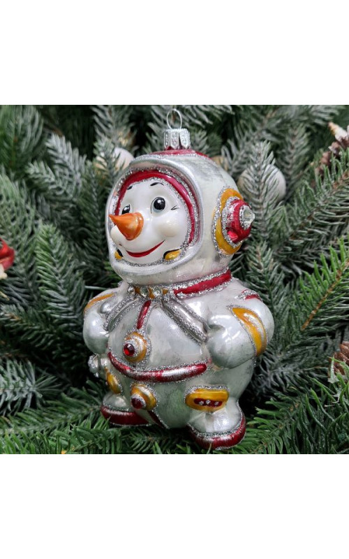 Стеклянная елочная игрушка Снеговик космонавт красный