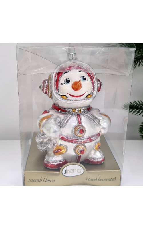 Стеклянная елочная игрушка Снеговик космонавт красный